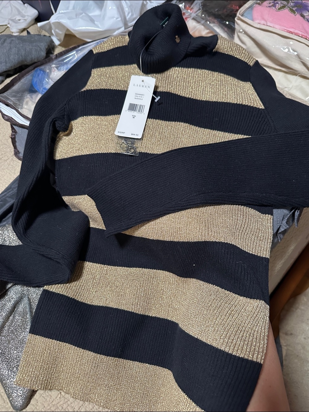Ralph Lauren womens Black and Gold Metallic Stripe Turtleneck Sweater